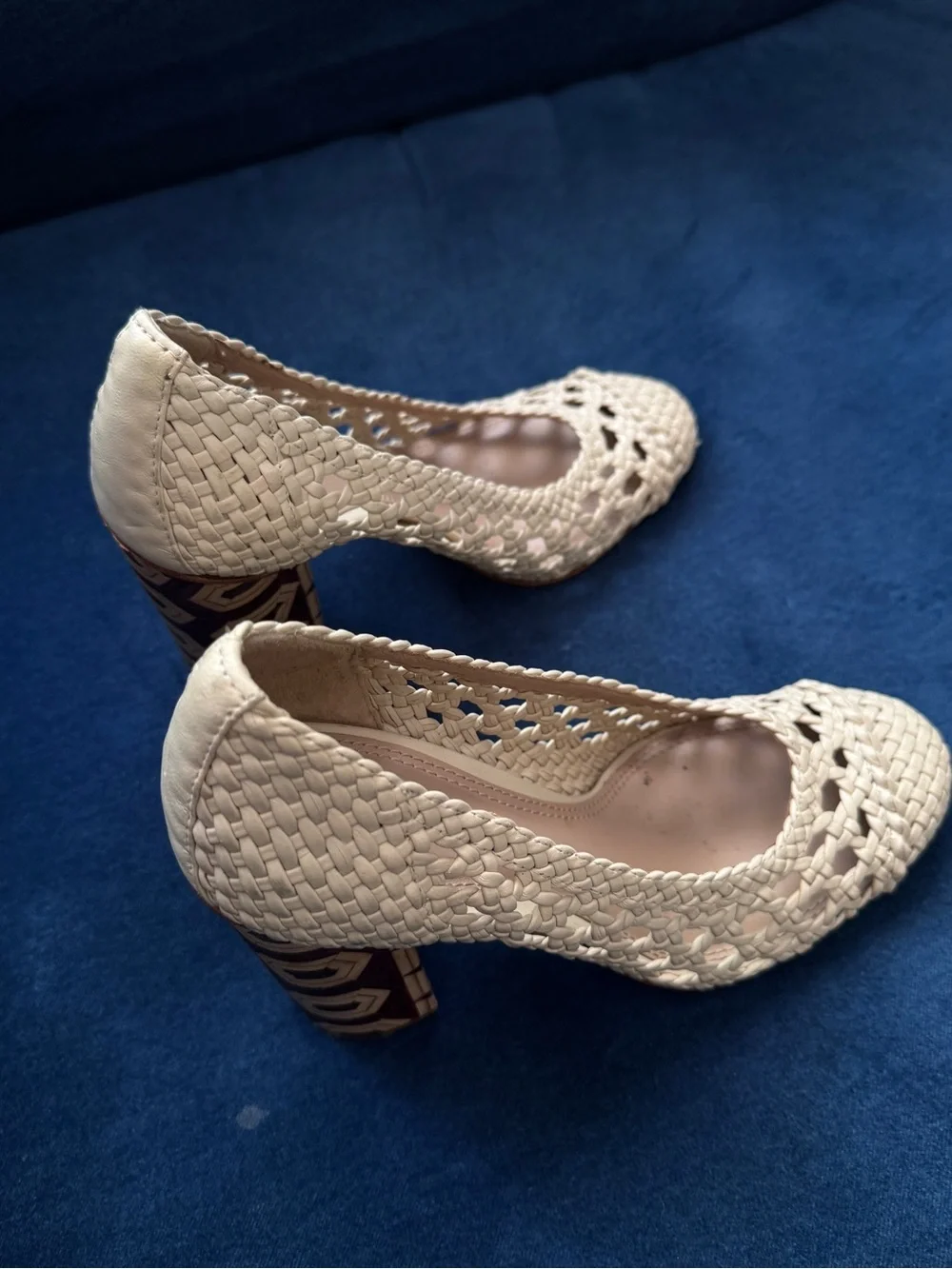 Tory Burch Grove Woven Pump Chunky Heels Dulce‎ de Leche Size 5 1/2 M